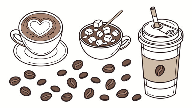 Vector illustration of assorted coffee drinks and roasted beans with caffeine beverage marshmallow takeaway
