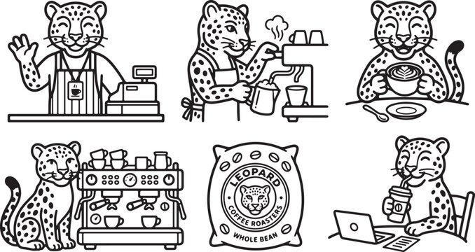 Collection of cute leopard characters working as professional baristas and enjoying fresh coffee in a detailed black and white illustration
