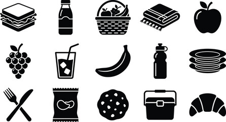 Black and white picnic including food and drink utensils, and a lunchbox © Graphic Shops