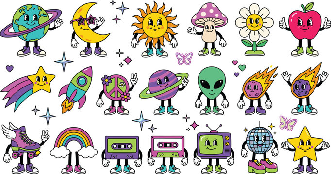 Trendy retro groovy cartoon mascot sticker set featuring nostalgic seventies character elements like planets mushrooms and stars