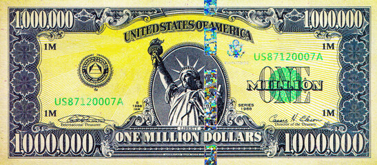 Souvenir banknote 1000000 dollars of the United States of America with the image of the Statue of Liberty. One million dollars. USA money © Sergii