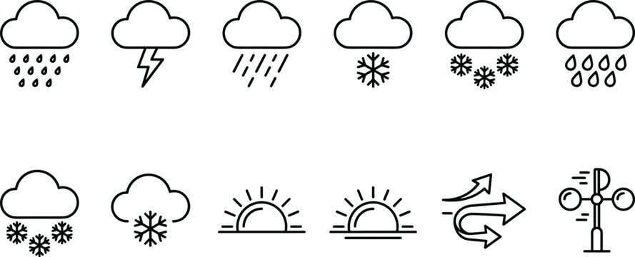 Weather forecast and meteorology line icon set featuring clouds rain lightning snow sunrise wind and anemometer symbols