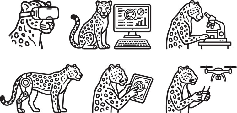 A set of black and white line art icons depicting various cute leopards engaged in modern technology and scientific activities