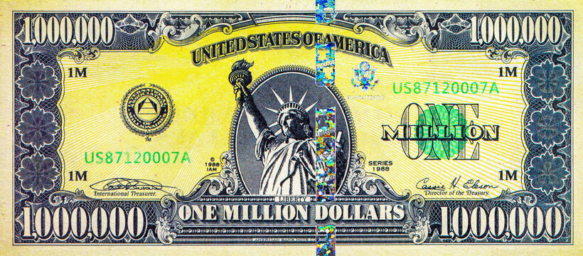 Souvenir banknote 1000000 dollars of the United States of America with the image of the Statue of Liberty. One million dollars. USA money