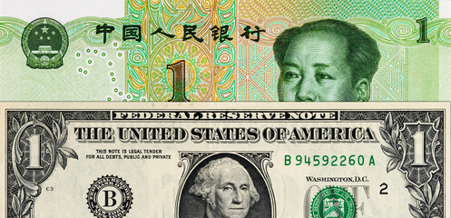 Fototapeta premium 1 United States dollar and 1 Chinese yuan. USA vs China.