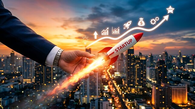 Startup rocket launching from a businessmans hand over a city at sunset with a rising growth graph and cinematic lighting. Ideal for entrepreneurship and business development marketing.