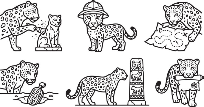 Cute leopard characters engaging in various adventurous activities like exploring maps and discovering ancient artifacts in this black line illustration