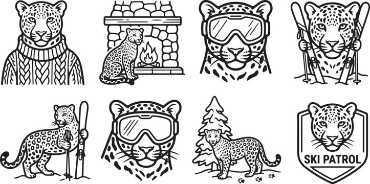 A collection of black and white line art illustrations featuring cute leopards engaged in various winter sports and activities