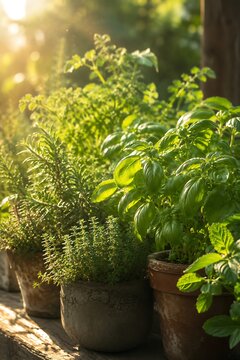 Sunlight streams through a collection of potted herbs, including basil and rosemary, on a wooden surface.