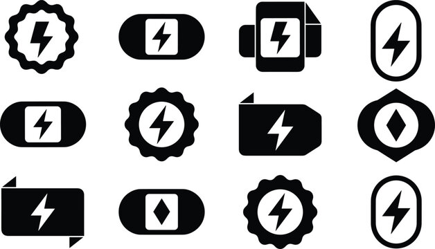 Black Lightning Bolt and Diamond Energy Icon Set with Geometric Badge Stickers for Power Battery Charge and Flash Warning Labels