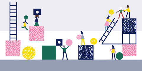 abstract illustration of people with geometric shapes and ladders © Etika