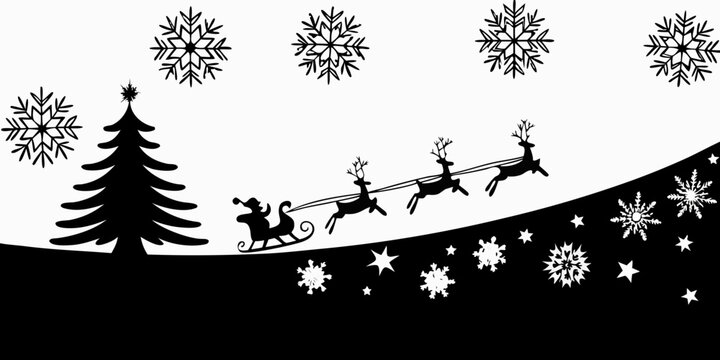 christmas scene silhouette with santa and reindeer sleigh