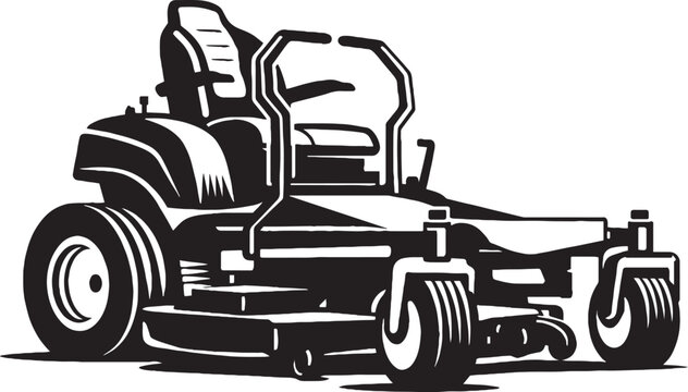 Zero turn lawn mower vector illustration, professional riding lawnmower icon, black and white landscaping equipment graphic for garden maintenance services