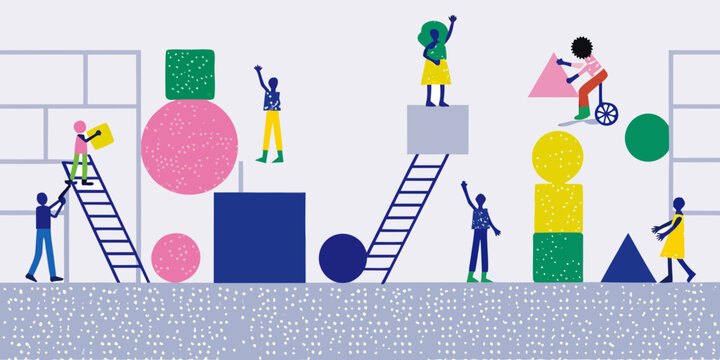 abstract illustration of people with geometric shapes and ladders