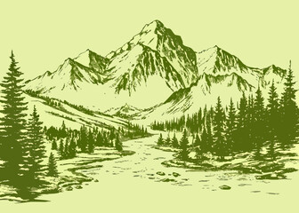 mountain range line drawing with forest and river © Etika