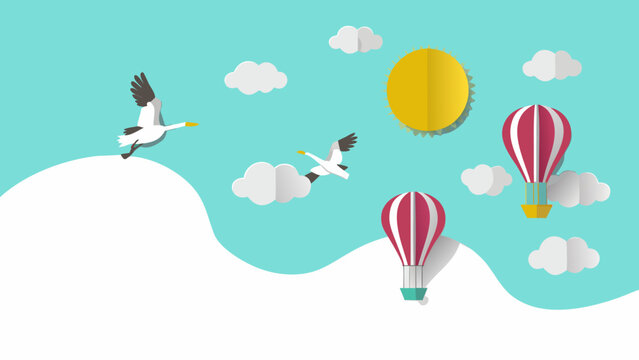 paper cut illustration of birds hot air balloons sun and clouds