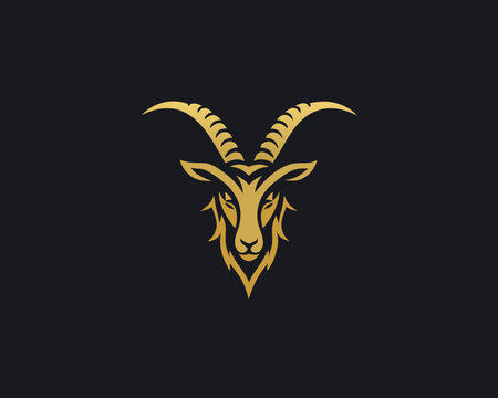 golden goat head emblem stylized animal logo on black background