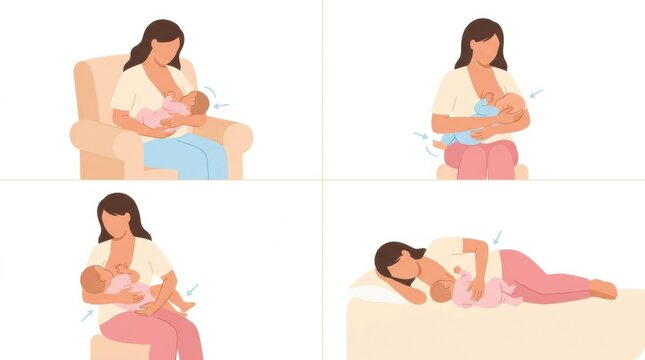 The icon set presents various breastfeeding positions that mothers can use when nursing their newborns in a clear and simple format.