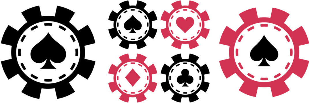 Casino Poker Chip Vector Icon Set Featuring Red and Black Gambling Tokens with Playing Card Suits Symbols of Spades Hearts Diamonds and Clubs