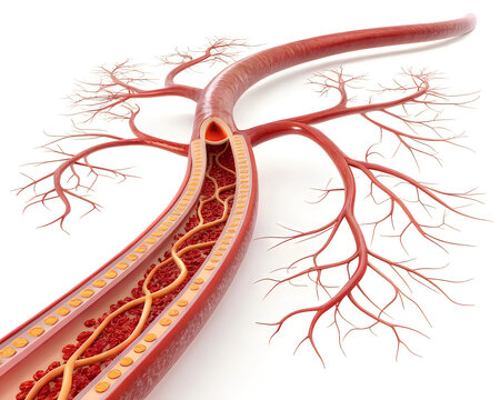Anatomical illustration of human bronchial tree and airways with a cross-section view of a bronchus