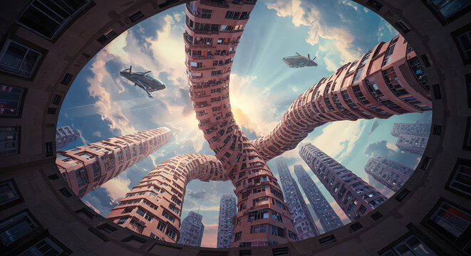 Futuristic cityscape with twisty roads and hovering vehicles