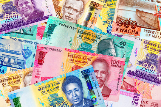 Malawian Kwacha banknotes (MWK) featuring various denominations. Malawi national currency. Money of Africa