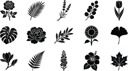 Black silhouettes of various flowers and leaves on white background © Graphic Shops
