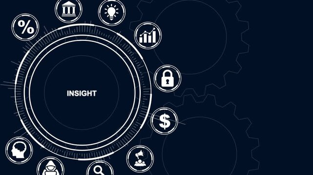 Digital concept of insight with icons and gears on dark blue background Keywords: insight, understanding, knowledge, perception, awareness, intelligence, analysis, data, information, business
