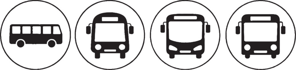 Minimalist bus icon set, public transport symbols in circles, black and white shuttle vehicle vector graphics for transit maps and signage © Adnan