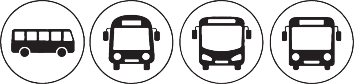 Minimalist bus icon set, public transport symbols in circles, black and white shuttle vehicle vector graphics for transit maps and signage