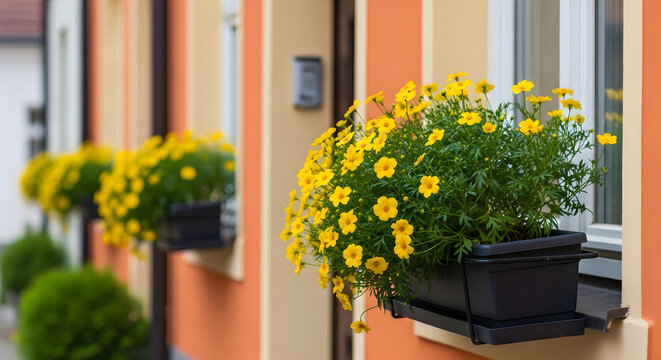 Bright yellow flowers in window boxes on a peach colored wall of a house
