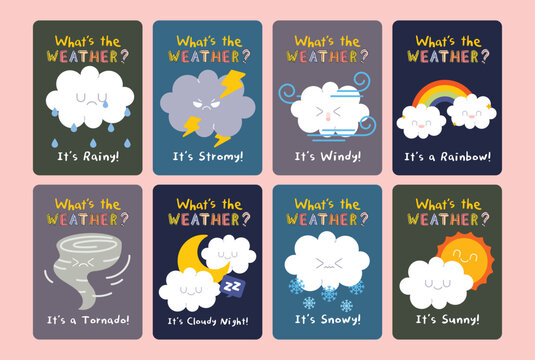 Cute printable weather flashcards for kids featuring rainy, stormy, windy, rainbow, tornado, cloudy night, snowy, and sunny weather illustrations for preschool learning.