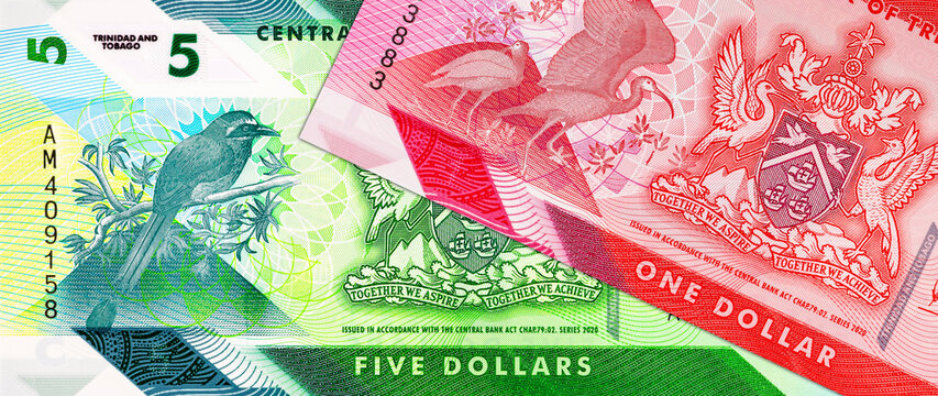1 dollar and 5 dollar bills Trinidad and Tobago. polymer money Trinidad and Tobago. Caribbean economy.