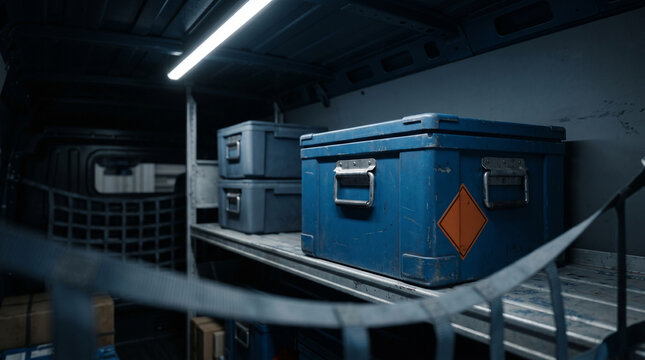 3/4 angle view of stacked secondary transport containers inside the textured cargo hold of a logistics delivery van. Dim LED lighting separates the utilitarian forms, emphasizing the complexity of glo