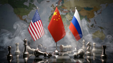 Fototapeta premium Miniature USA Russia And China Flags On Reflective Chessboard Geopolitical Strategy Concept JPG