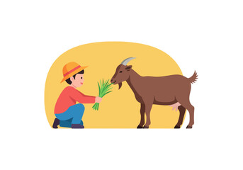 Naklejka premium Child Harvesting Carrot from Goat in Farm Scene