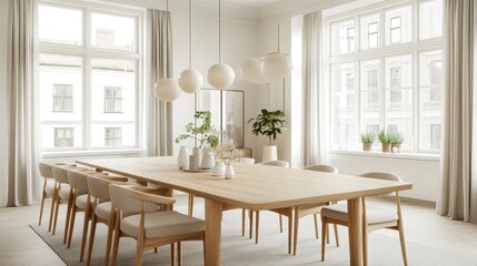 Fototapeta premium Modern Dining Room with Large Wooden Table and Chairs