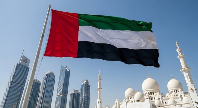 UAE flag waving in the bright sky above a modern skyline and traditional mosque. Sharp focus captures the blend of heritage and progress. Ideal for travel and diplomatic marketing.