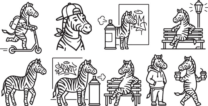 Collection of hand drawn zebra illustrations showing various urban activities including riding scooters and drinking coffee in a modern style