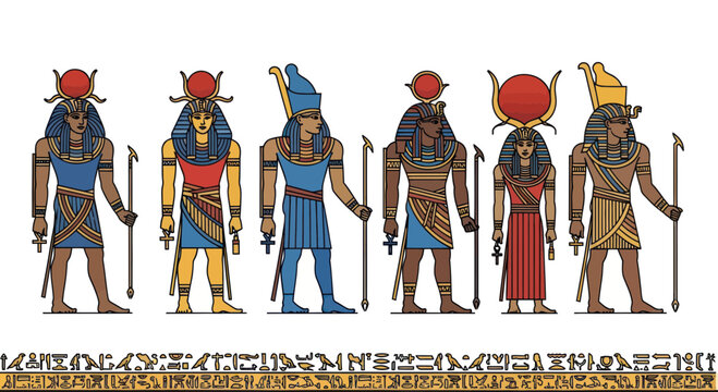 Ancient Egyptian Gods Illustration, Hieroglyphs, Pharaohs, Mythology