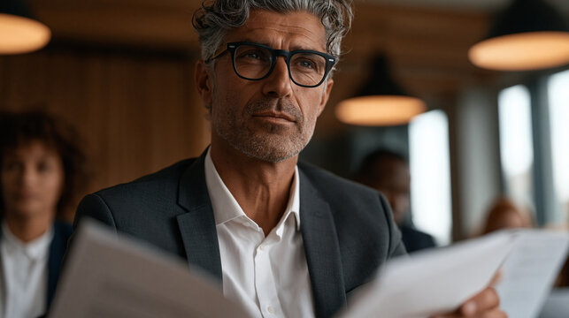 Bold stat number printed large in a minimalist report layout showing percentage growth, finance director holding the printed page under warm boardroom overhead lighting as stakeholders annotate thei