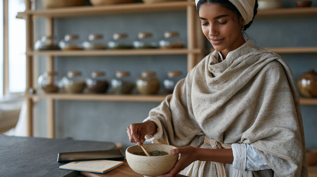Ayurvedic wellness practitioner mixing herbal formulations in a clean modern clinical studio, glass apothecary jars lining minimalist shelving, consultation notes visible on a tablet nearby, traditi