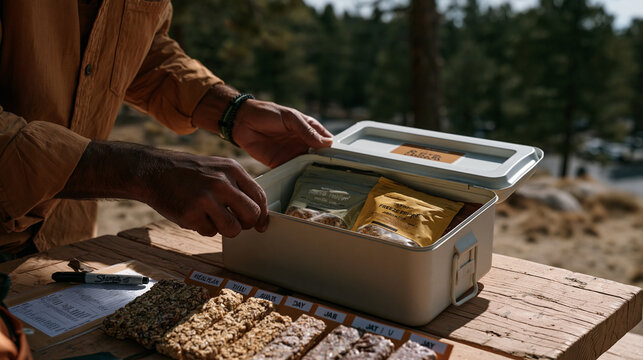 Bear canister being packed methodically on a picnic table at a trailhead, granola bars and freeze-dried meal pouches arranged by day in labeled rows, a sharpie marker resting on a laminated meal pla