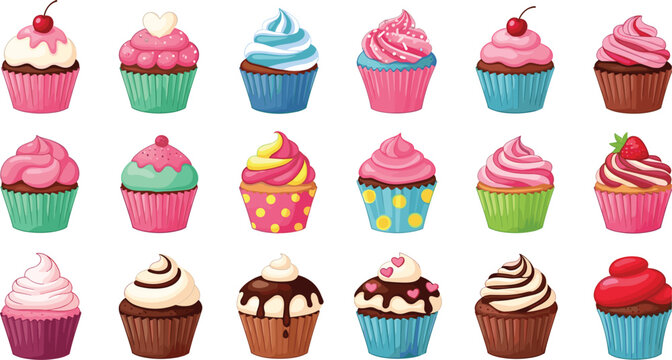 Colorful cupcake collection with cream frosting and sweet toppings, delicious bakery dessert vector set isolated on white background