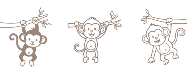 Three brown monkeys hanging from a rope isolated on white background © MDSaidul