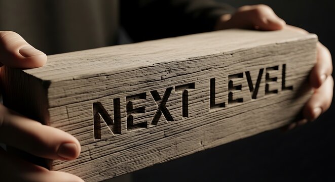 Next level text carved into a heavy concrete block held firmly by hands. Dramatic side lighting emphasizes the industrial texture and depth. Ideal for professional development marketing.