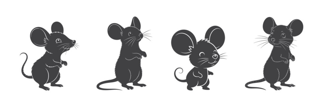 Four black and white cartoon mice standing on their hind legs isolated on white background