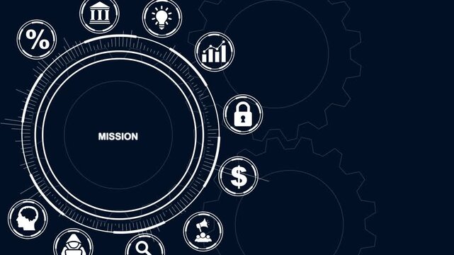 Mission Concept with Icons and Gears on Dark Blue Background purpose goal