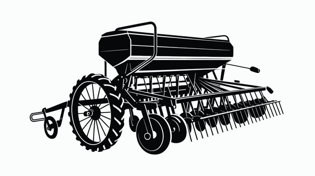 Detailed black silhouette of a heavy agricultural grain seeder machine displayed on white background