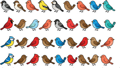 Cute colorful birds collection with cartoon songbirds and woodland species, playful wildlife vector set isolated on white background © Md